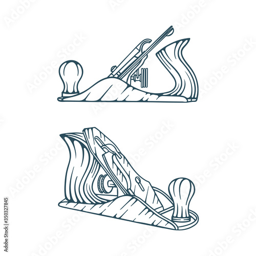 Hand plane. Carpenter tool for shaping wood. Woodworking tool. Jack plane. Jointer plane. Realistic and hand drawn vector illustrations set. Part of woodworking tools collection.