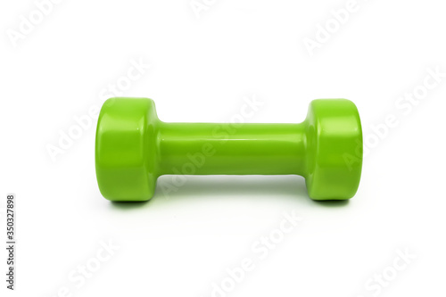 green dumbbell isolated on a white background, sports equipment, bodybuilding