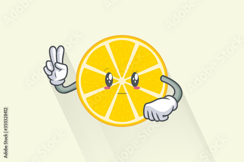 REALLY, ATTENTIVE, Curios Face. Peace Finger Gesture. Mascot Illustration. Slice Lemon Fruit Cartoon.