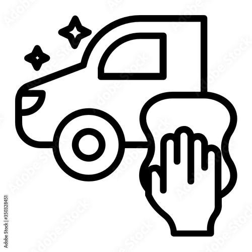 Car Body Paint Work Concept, Vehicle with Hand holding microfiber towel vector Icon design, Manual Carwash & Detail Center equipment on white background, 