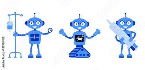 Artificial intelligence in medicine. Robot doctor in various poses: with a dropper, font, with ultrasound. Character for chatbot, advertise. Scientific technologies for health.