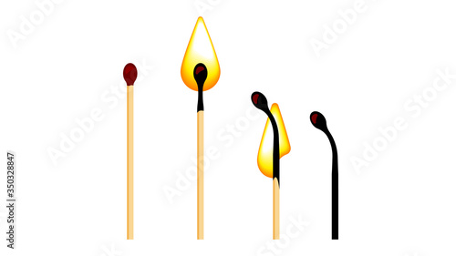 New, burning and burnt match sticks on white background. Vector illustration