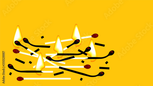 Burning matches are scattered on a yellow background.