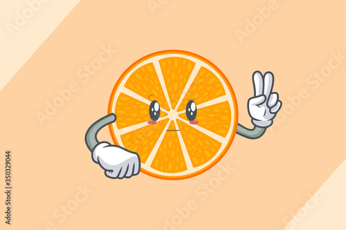 REALLY, ATTENTIVE, Curios Face. Peace Finger Gesture. Mascot Illustration. Slice Orange Citrus Fruit Cartoon.