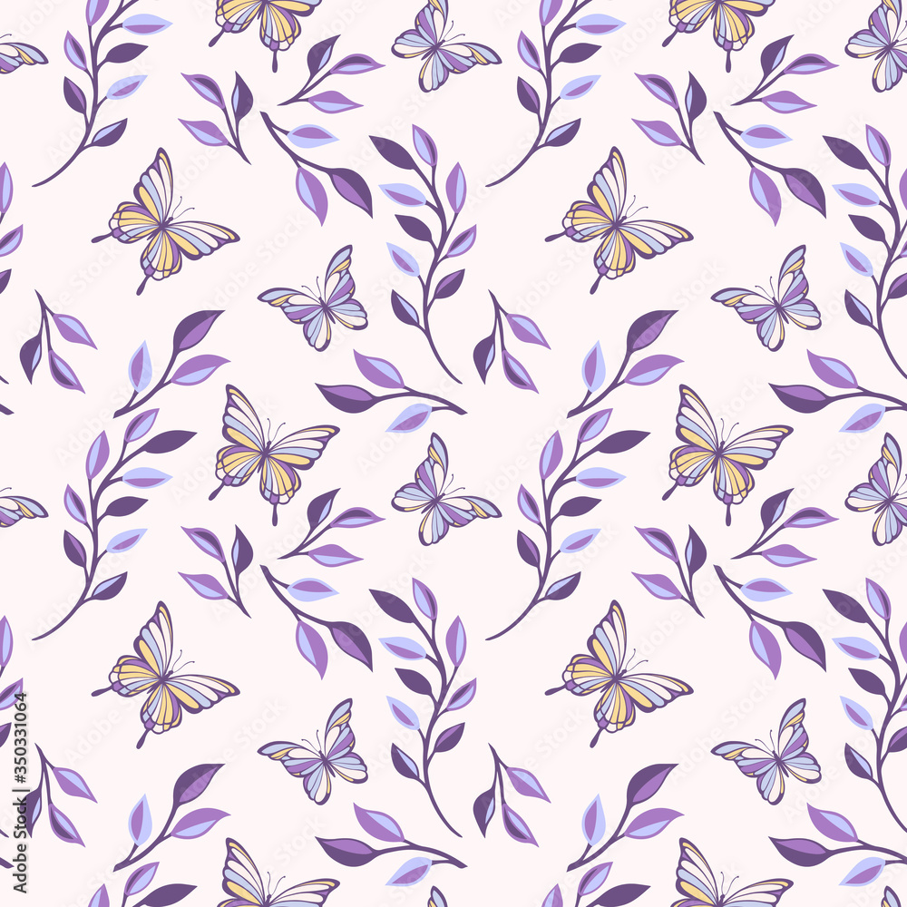 Fototapeta Sweet pastel Meadow flowers blowing in the wind with butterflies soft and gentle seamless pattern on vector design for fashion,fabric,wallpaper and all prints
