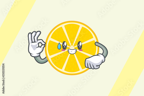 NERVOUS, PHEW, .DISAPPOINTED, RELIEVED Face . Ok, Okey, Okay, Nice, Alright Gesture. Mascot Illustration Slice Lemon Fruit