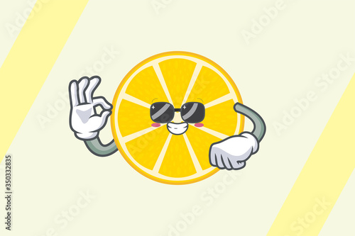 RELAXED, GLASSES, COOL Face . Ok, Okey, Okay, Nice, Alright Gesture. Mascot Illustration Slice Lemon Fruit