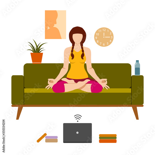 Female cartoon character practicing Hatha yoga. Woman doing workout indoor. Sport exercise at home. Yoga and fitness, healthy lifestyle. Flat vector illustration. Yogi woman in Ardha padmasana 