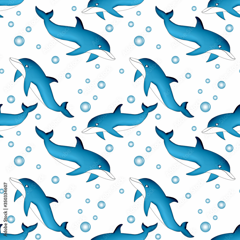 Seamless abstract pattern. Dolphins and bubbles on a white background. Seamless abstract pattern. Dolphins and bubbles on a white background.