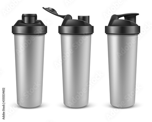 Vector realistic 3d silver empty shaker for sports nutrition, gainer or whey protein in different angles. Plastic drink bottle, mixer isolated on white background. Shaker for gym bodybuilding.
