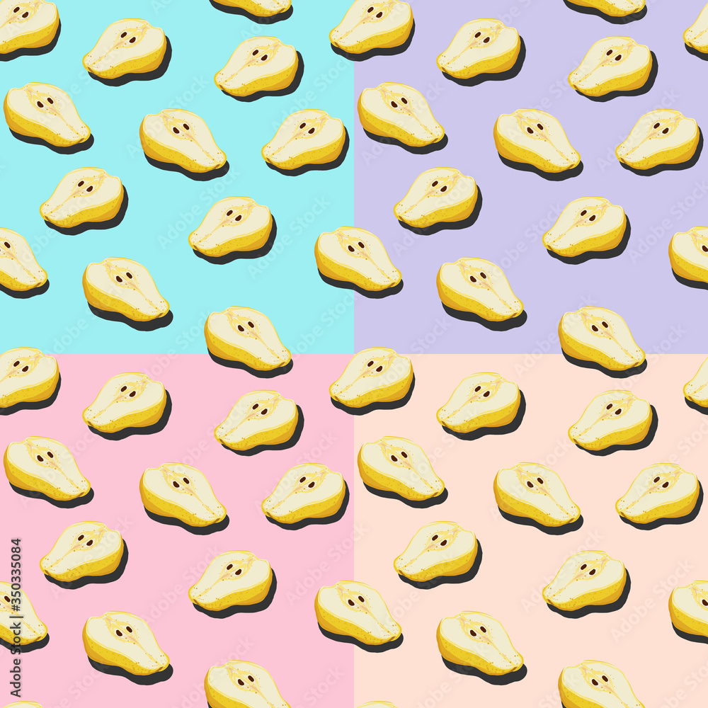 Set with four cutaway pear top view pop art with shadow seamless pattern on purple, pink, yellow, turquoise background. Set with four cutaway pear top view pop art with shadow seamless pattern on purple, pink, yellow, turquoise background.