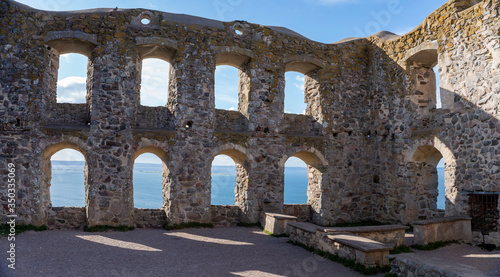 Medieval Castle Brahehus a Swedish Famous landmark By the lake Vattern near Granna in Smaland, Sweden. Castle Window View of open landscape.  photo