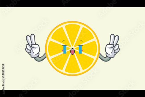 CRYING, SAD, SOB Face. Double Peaceful Finger. Mascot Illustration. Slice Lemon Fruit.