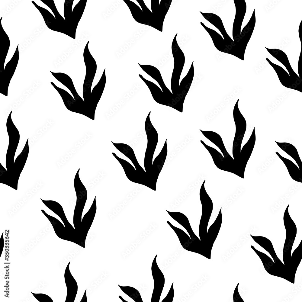 Seamless pattern with a black plant on a white background. Vector illustration with algae. Design of packaging paper with plants. Doodle style. Printing on fabrics, clothing, dishes, and postcards. Seamless pattern with a black plant on a white background. Vector illustration with algae. Design of packaging paper with plants. Doodle style. Printing on fabrics, clothing, dishes, and postcards.