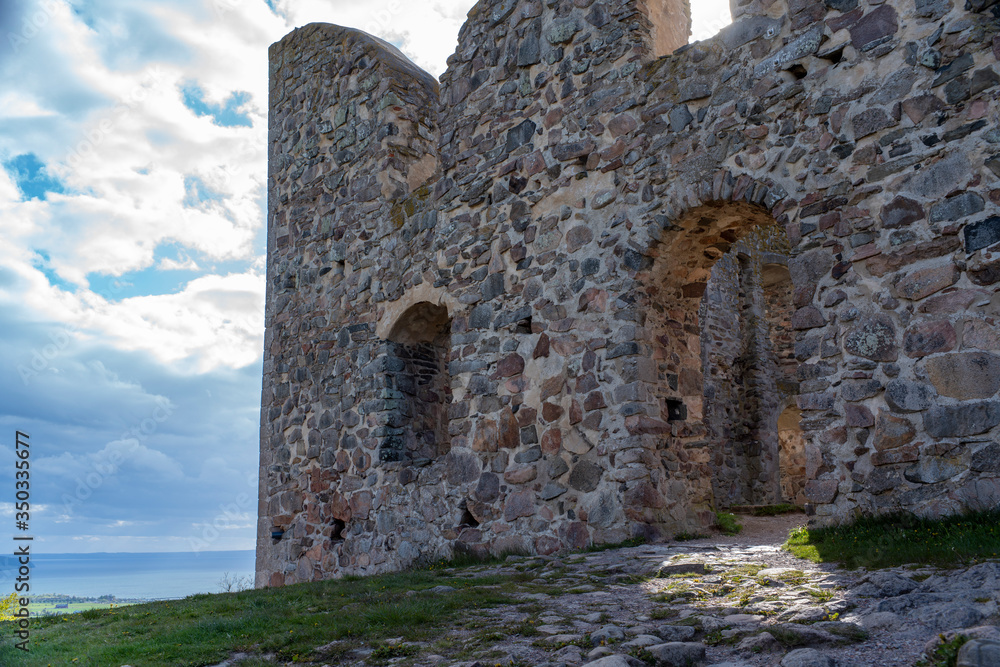 Low Casting Light over Medieval Castle Entrance Brahehus on a hill, a Famous landmark in Swedish Smaland By the Big lake Vattern near Granna, Sweden.