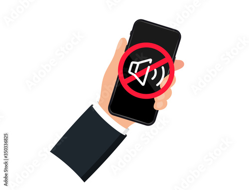 Hand holding smartphone sound off. Device icon. No phone. No sound sign for mobile phone. Volume off or mute mode sign for smartphone. Please silence your mobile phone, smartphone silence zone