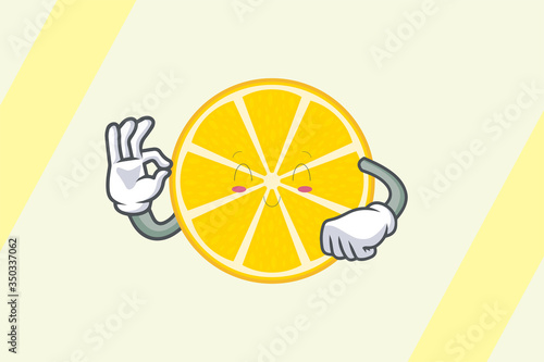 SMILING, HAPPY, RELIEVED Face . Ok, Okey, Okay, Nice, Alright Gesture. Mascot Illustration Slice Lemon Fruit