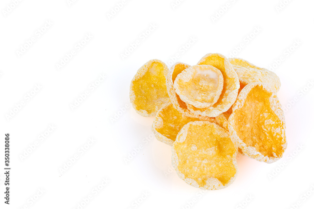 Breakfast cereals isolated on a white background. Glazed cornflakes for breakfast best with milk. Diet, clean eating concept. Antioxidant, omega-3, protein, mineral nutrients - vegetarian diet concept Breakfast cereals isolated on a white background. Glazed cornflakes for breakfast best with milk. Diet, clean eating concept. Antioxidant, omega-3, protein, mineral nutrients - vegetarian diet concept