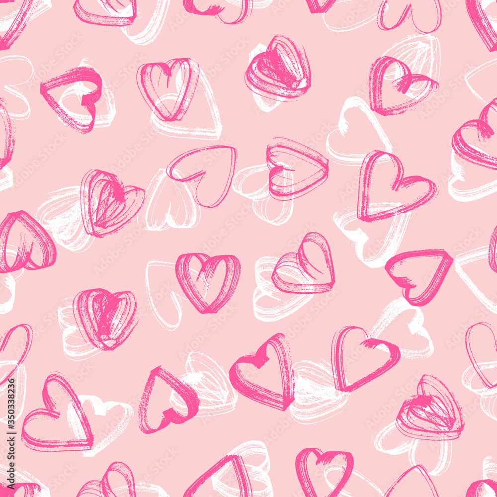 Grunge Hearts Paint Brush Strokes Vector Seamless Pattern. Love. Valentine's Day Background