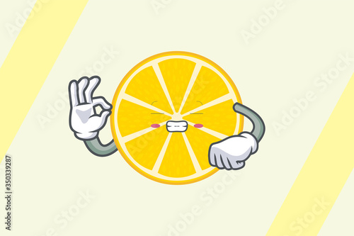 FRUSTRATED, GRIN SMILE, NERVOUS Face . Ok, Okey, Okay, Nice, Alright Gesture. Mascot Illustration Slice Lemon Fruit