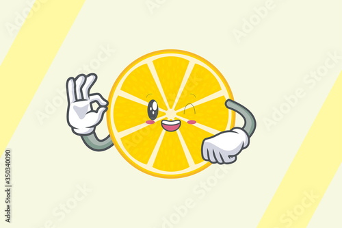 GRINNING WINK, HAPPY Face . Ok, Okey, Okay, Nice, Alright Gesture. Mascot Illustration Slice Lemon Fruit