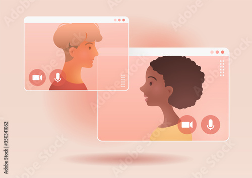 Video conference call, business online meeting. Work from Home, Online webinar. Social distancing. Online technology concept vector illustration.