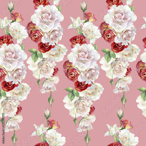 Seamless pattern of watercolor red and pink roses.