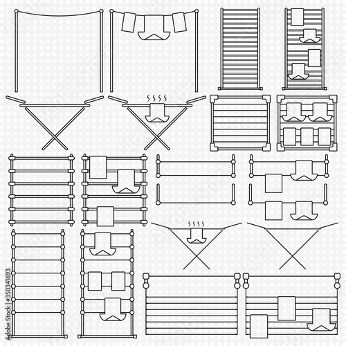 Drying racks. Outline icons set of racks for dryer clothes. Wet towels, shirts and t-shirts are dried on hangers. Isolated transparent vector illustrations.