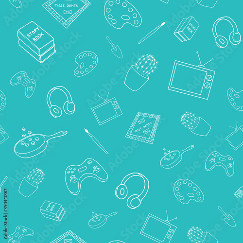 Seamless pattern with white hand drawn items of fun home activities on aquamarine background