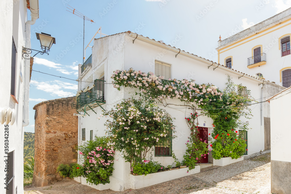 Fototapeta View of a beautiful white house with flowers in the facade in Zufre village, Sierra de Aracena, Huelva, Spain