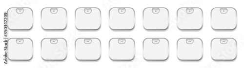 Personal scales with different body weight display from 10 to 140. White personal scales set with silver frames. Isolated vector illustration on white background.
