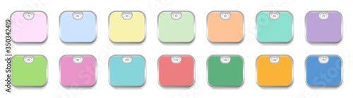 Colorful personal scales with weight display from 10 to 140. Colored scales set with silver frames. Isolated vector illustration on white background.
