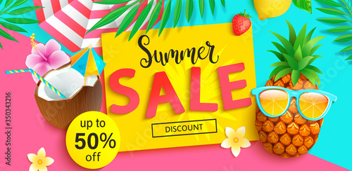 Bright Sale banner for summer 2020. Hipster pineapple invites to big discounts in hot season, poster with tropical leaves,cocktail, sun umbrella on two colors geometric background.Vector Illustration.