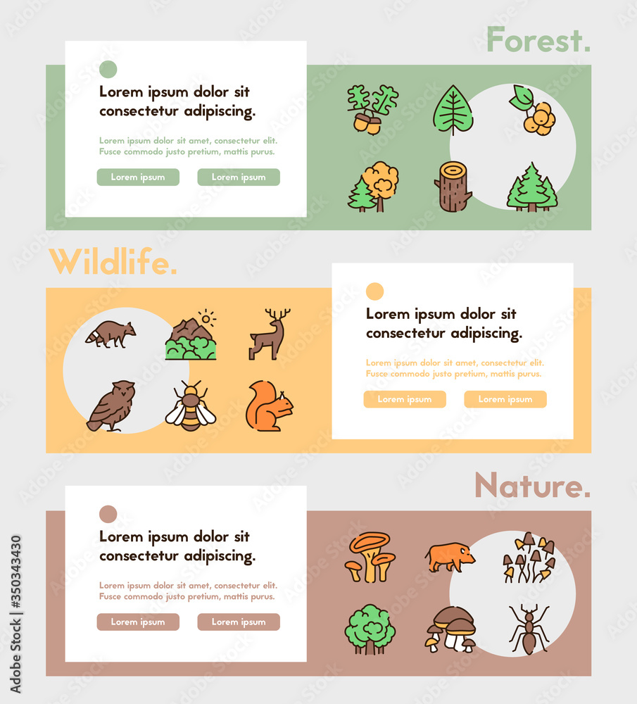 Vector color linear icon of forest banner set