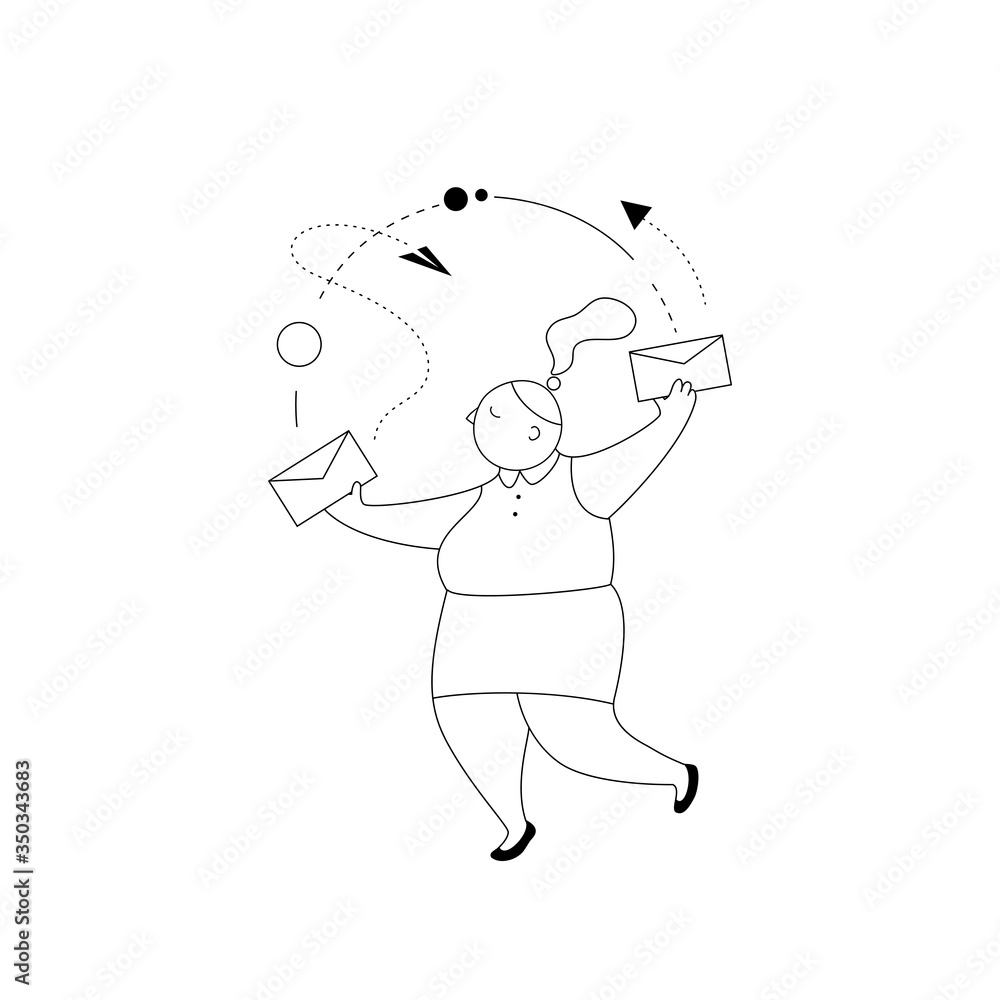 Vector illustration business woman sends a message.Working process,new email message, mail notification.Social network, chat,sms,spam.Linear silhouette isolated on a white background. Vector illustration business woman sends a message.Working process,new email message, mail notification.Social network, chat,sms,spam.Linear silhouette isolated on a white background.