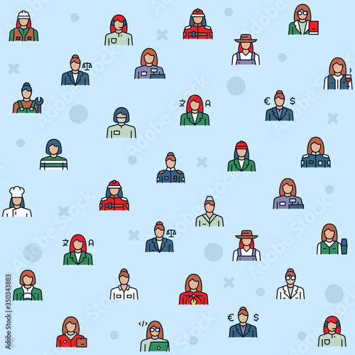 Vector seamless pattern with color linear icon of female occupation