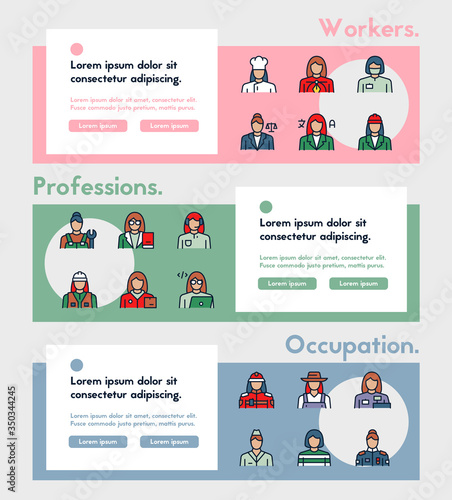 Vector color linear icon of workers women banner set