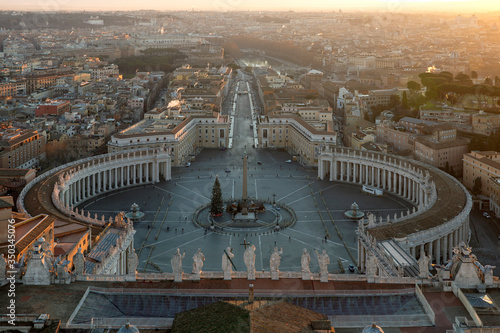 View of Vatican city and Rome from the dome of Saint Peter cathedral in the morning