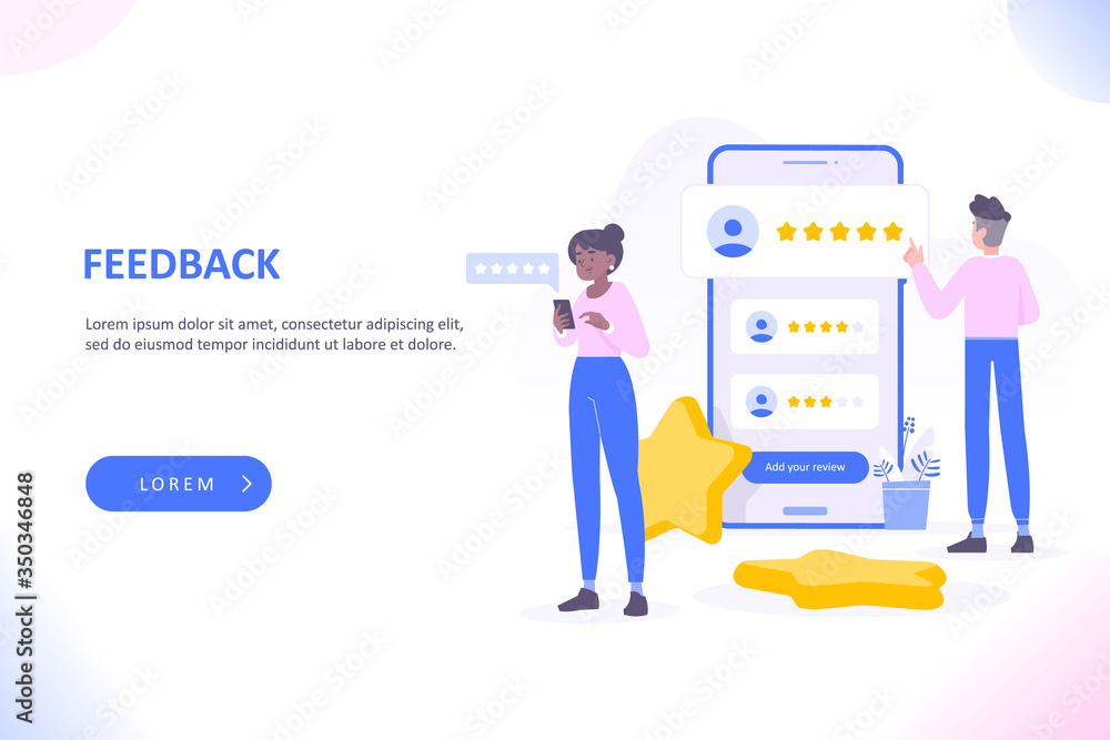 Feedback or customer review concept. People giving positive review and rating. Client satisfaction and user experience concept, vector illustration Feedback or customer review concept. People giving positive review and rating. Client satisfaction and user experience concept, vector illustration