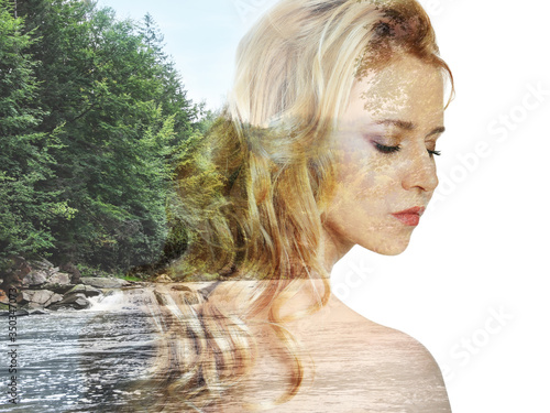 Picturesque landscape and beautiful woman on white background. Double exposure photo