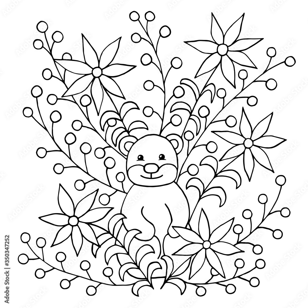 Fototapeta premium Coloring page with groundhog and flowers
