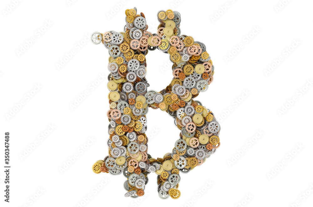 Bitcoin symbol from cogwheels, 3D rendering Bitcoin symbol from cogwheels, 3D rendering