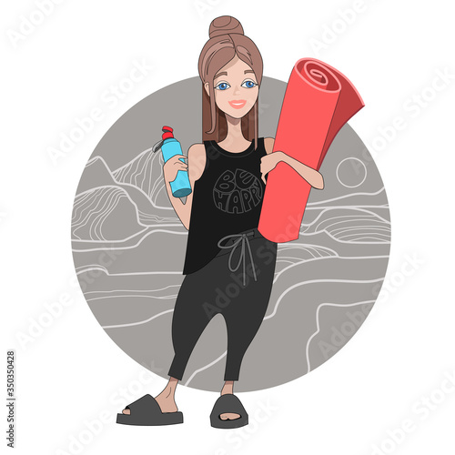 Cute smiling yogi girl on mountains background. Cartoon style illustration,