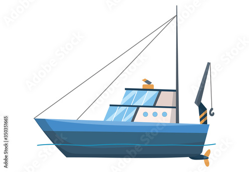 Fishing boat side view. Commercial fishing trawler for industrial seafood production. Marine ship, sea or ocean transportation. Vector illustration