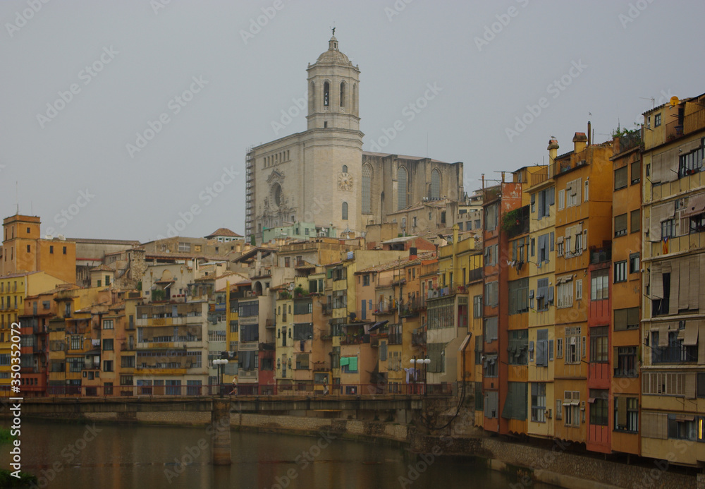 View of Girona with the Cathedral in the background dominating the landscape. Girona, Spain.
