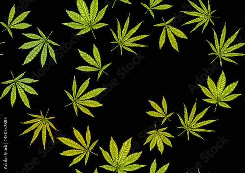 Cannabis leaves seamless pattern, background. Vector illustration in green colors Isolated on black background.