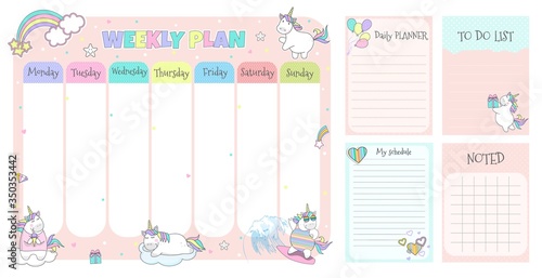 Children's weekly planner with cute unicorns. Vector illustration.