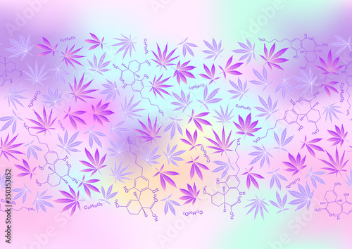 Cannabis leaves and cbd, cannabidiol formula seamless pattern, background. Vector illustration in light ultra violet pastel colors on mesh pink, blue background.