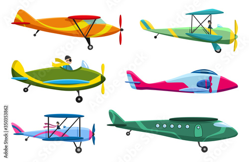 Retro airplane set. Collection of old aiplane aircraft. Different types of plane. Vector icons illustration