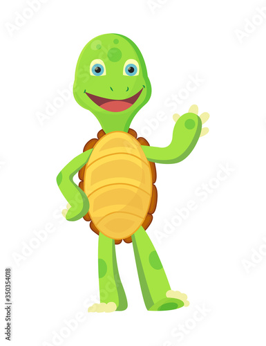 Happy young cartoon turtle rised hand up. Fanny kid. T-shirt vector logo design